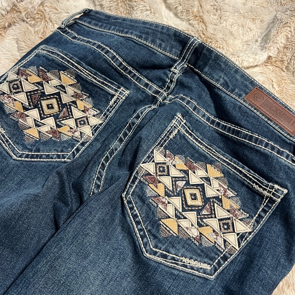Embroidered Boot Cut Jeans with Geometric Design